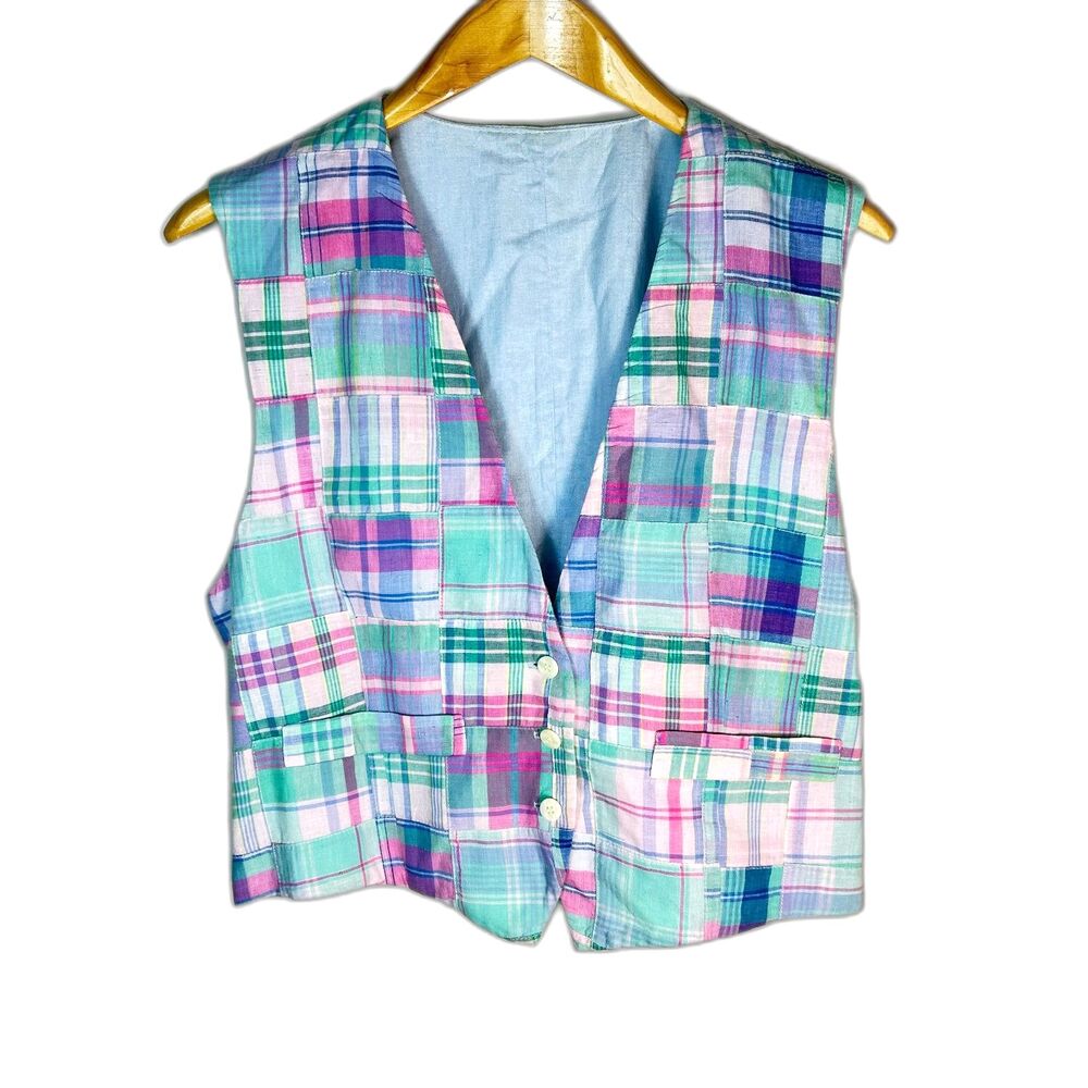 David Brooks Women's Pastel Madras Plaid Patchwork Vintage 70s-80s Vest Size 14 - Picture 4 of 15